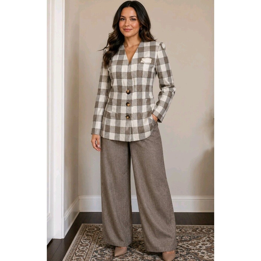 Kaspe A.S.L.Vintage Womens 2 Piece Suit Set Plaid Blazer Herringbone Pants Sz 10